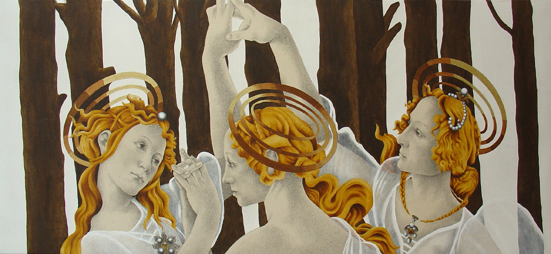 De Drie Gratiën (naar Botticelli), Potlood, acryl en olieverf op doek.